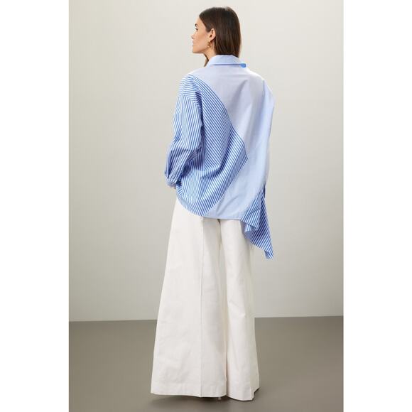 NAADAM Blue Cotton Asymmetrical Stripe Mix Button Up Long Sleeve Top Size Medium - Picture 3 of 12